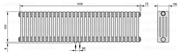 Схема (чертеж) Радиатор Zehnder Charleston 4055/31 №3470 Белый глянцевый RAL 9016